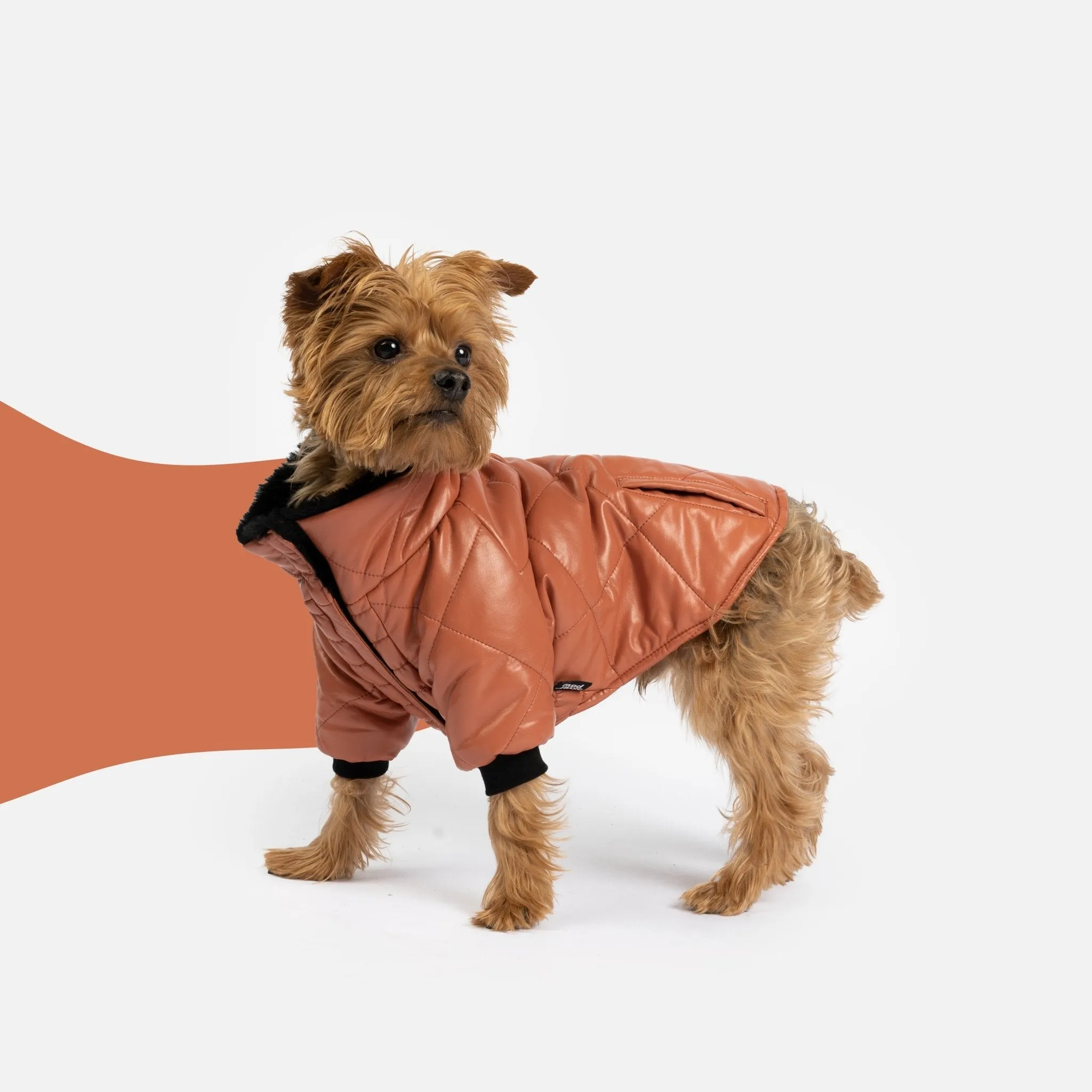 🧡 Phoenix Dog Jacket - Terracotta | Quilted Vegan Leather Coat with Faux Fur Lining