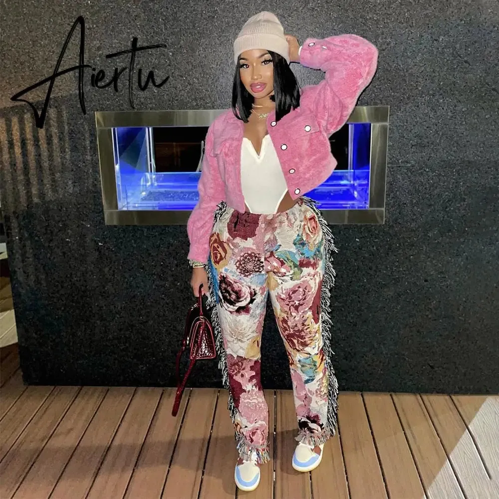 Casaul Women Streetwear Print Pants Tassel Cargo Pants Colorful High Streetwear Sporty Long Pants For Women Winter Outfit