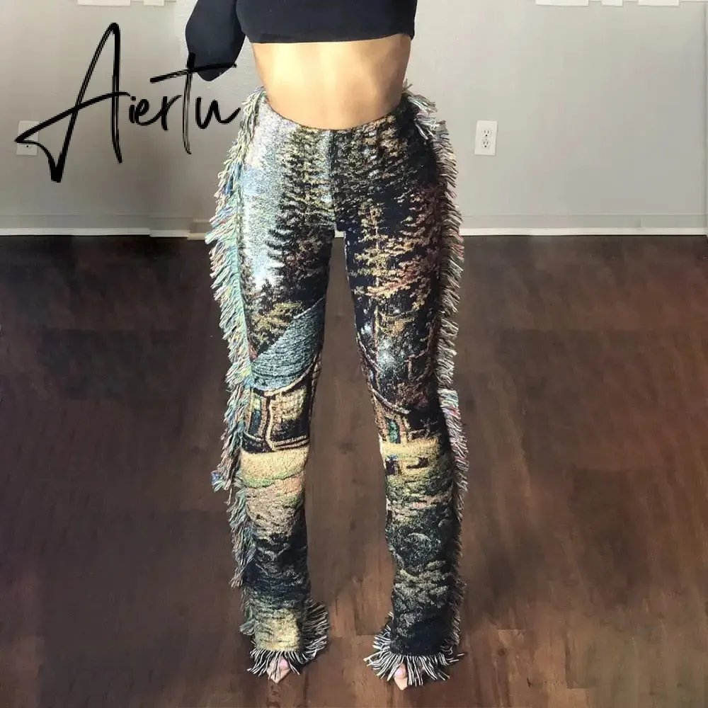 Casaul Women Streetwear Print Pants Tassel Cargo Pants Colorful High Streetwear Sporty Long Pants For Women Winter Outfit