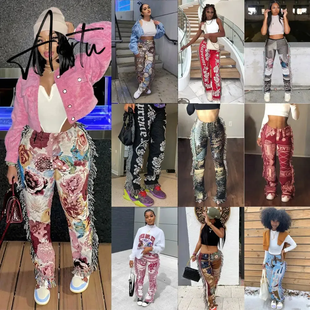 Casaul Women Streetwear Print Pants Tassel Cargo Pants Colorful High Streetwear Sporty Long Pants For Women Winter Outfit