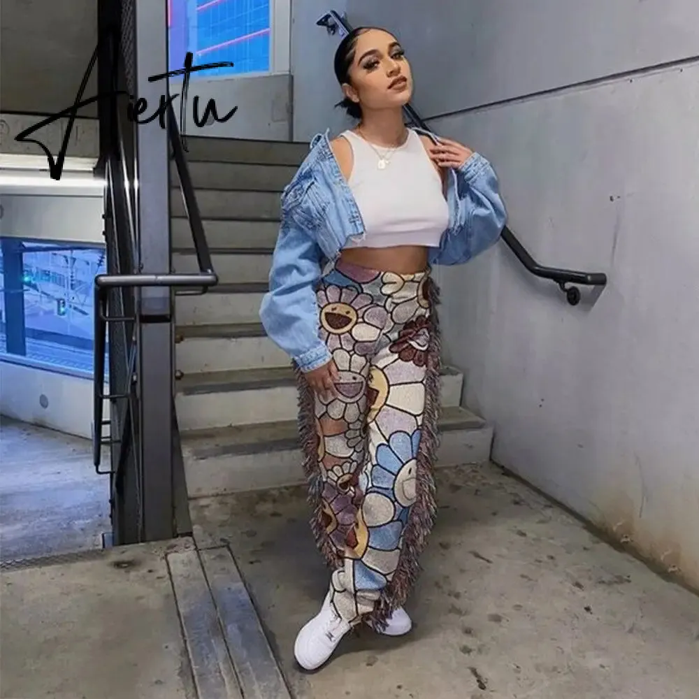 Casaul Women Streetwear Print Pants Tassel Cargo Pants Colorful High Streetwear Sporty Long Pants For Women Winter Outfit
