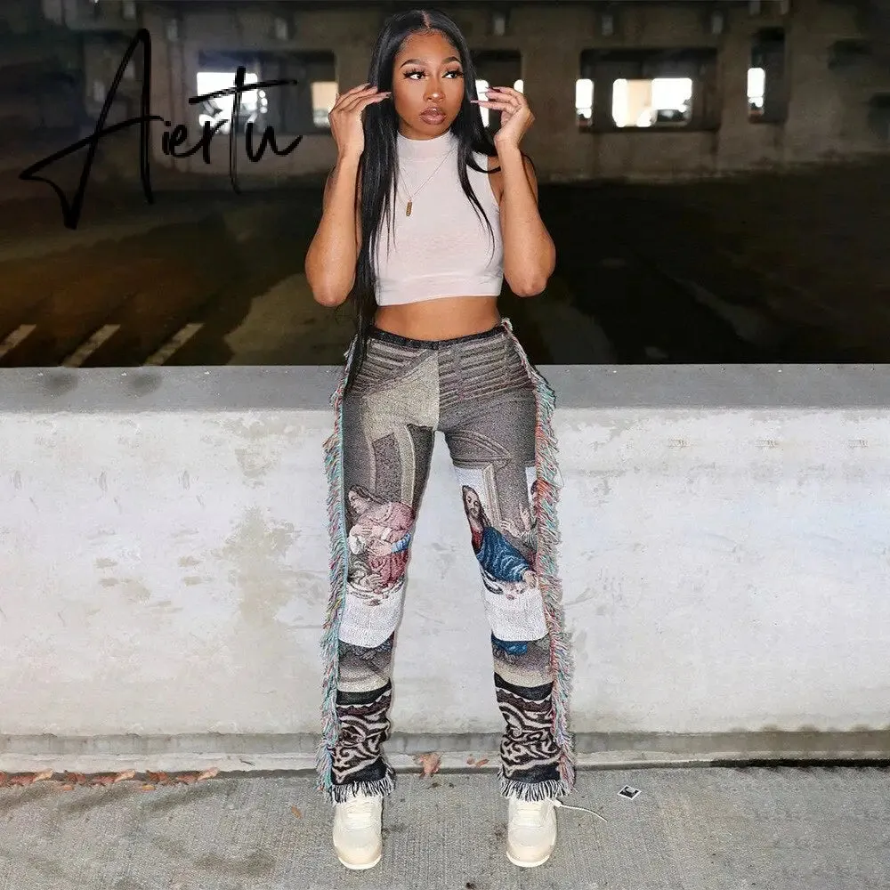Casaul Women Streetwear Print Pants Tassel Cargo Pants Colorful High Streetwear Sporty Long Pants For Women Winter Outfit