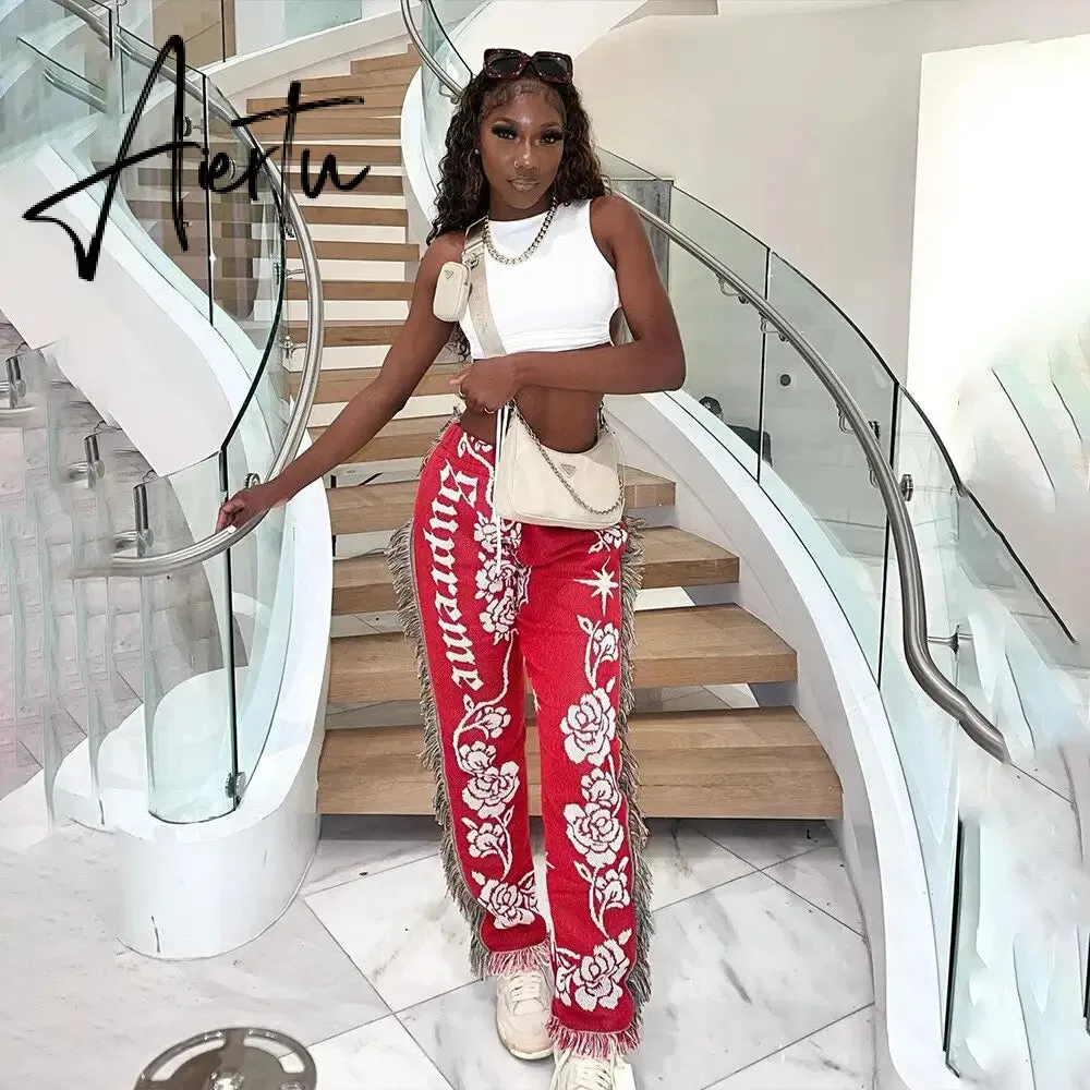Casaul Women Streetwear Print Pants Tassel Cargo Pants Colorful High Streetwear Sporty Long Pants For Women Winter Outfit
