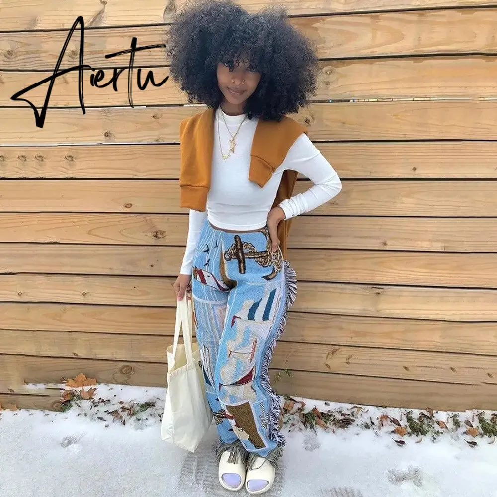 Casaul Women Streetwear Print Pants Tassel Cargo Pants Colorful High Streetwear Sporty Long Pants For Women Winter Outfit