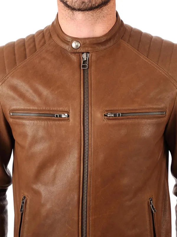 Classic Mens Brown Biker Real Leather Jacket
