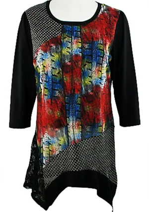 Creation - Lace Mesh, 3/4 Sleeve Scoop Neck Geometric Print Tunic Lace Accents Creation - Lace Mesh, 3/4 Sleeve Scoop Neck Geometric Print Tunic Lace Accents