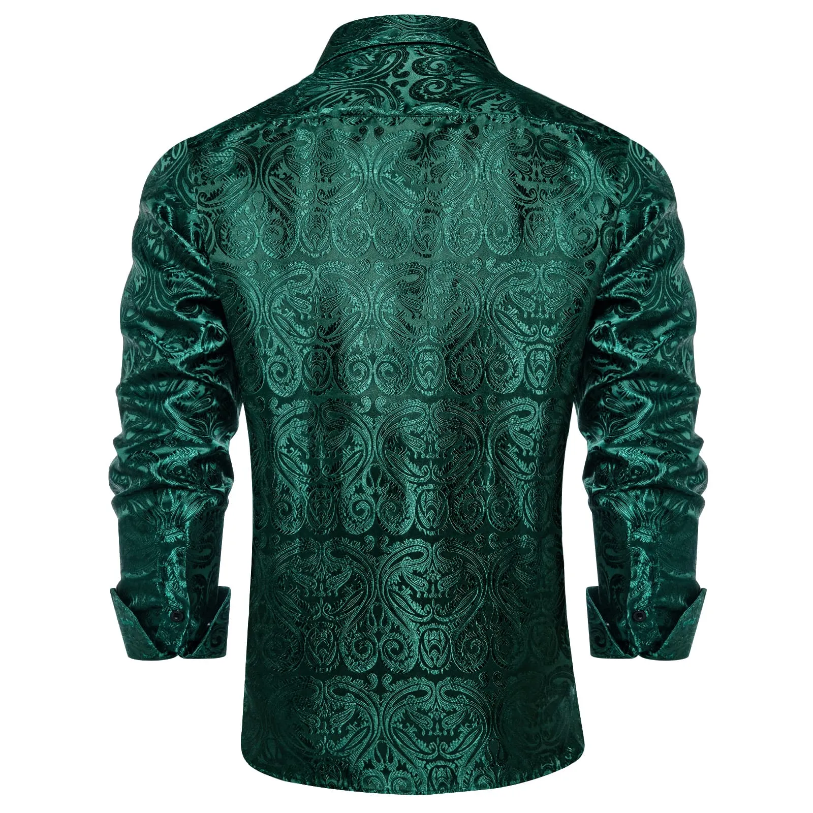 DiBanGu Shirt for Men Deep Green Paisley Long Sleeve Silk Button Up Business Dress Shirt