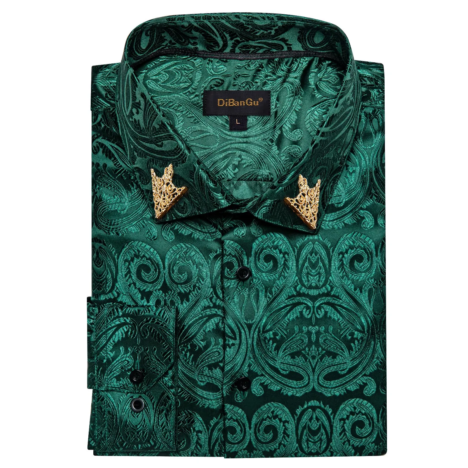 DiBanGu Shirt for Men Deep Green Paisley Long Sleeve Silk Button Up Business Dress Shirt