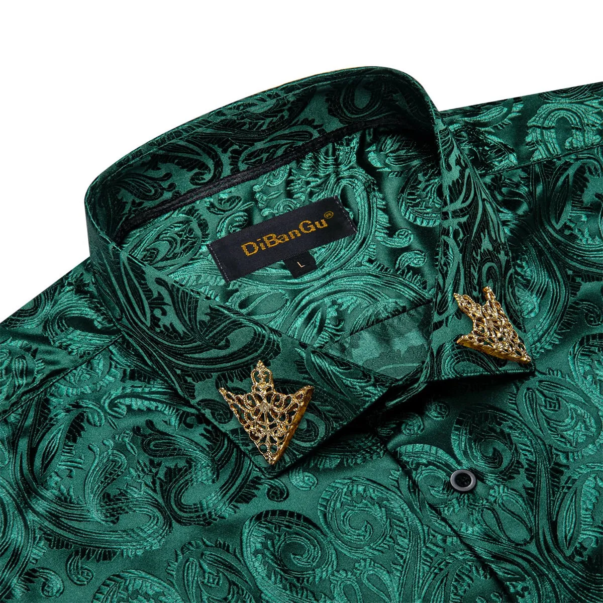 DiBanGu Shirt for Men Deep Green Paisley Long Sleeve Silk Button Up Business Dress Shirt