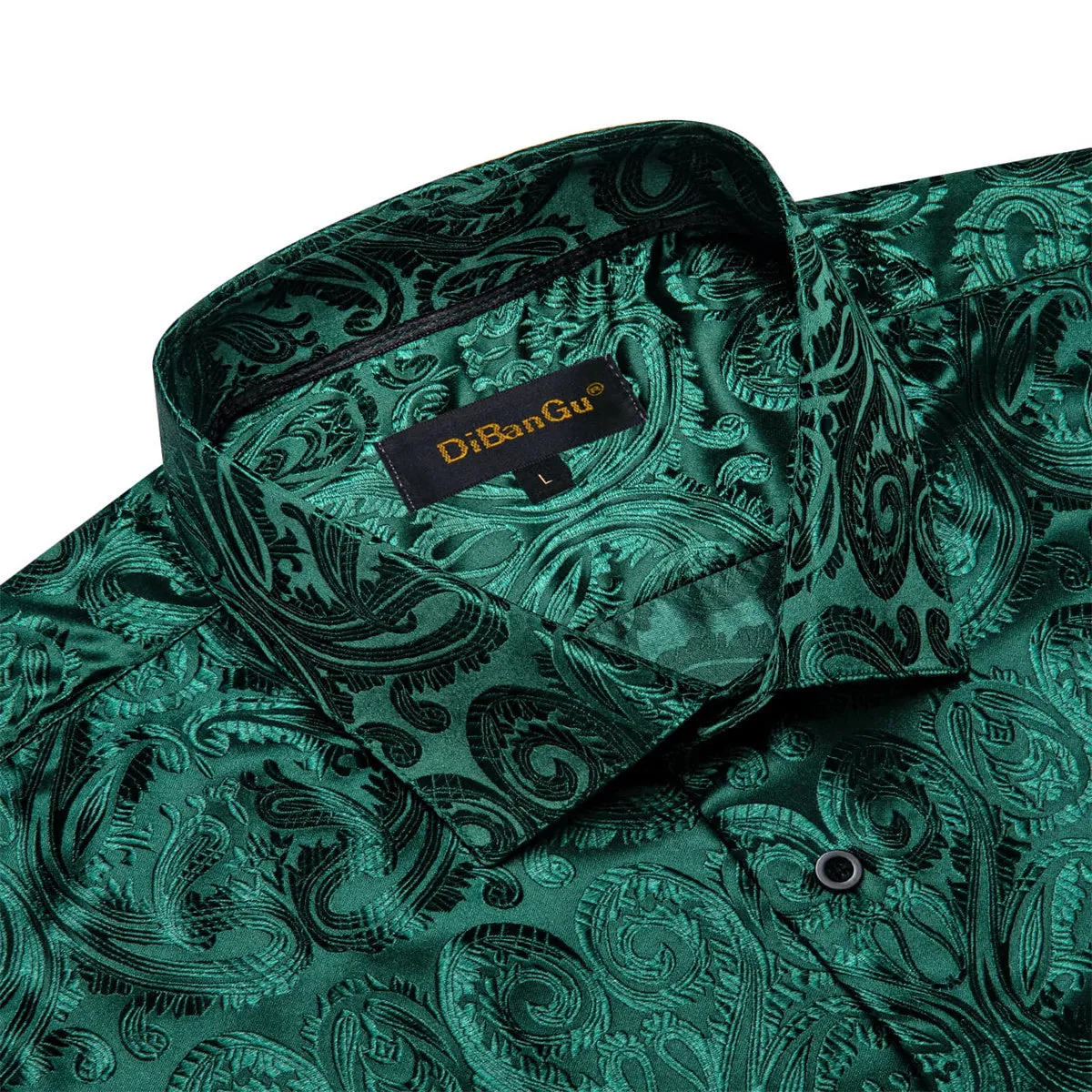 DiBanGu Shirt for Men Deep Green Paisley Long Sleeve Silk Button Up Business Dress Shirt