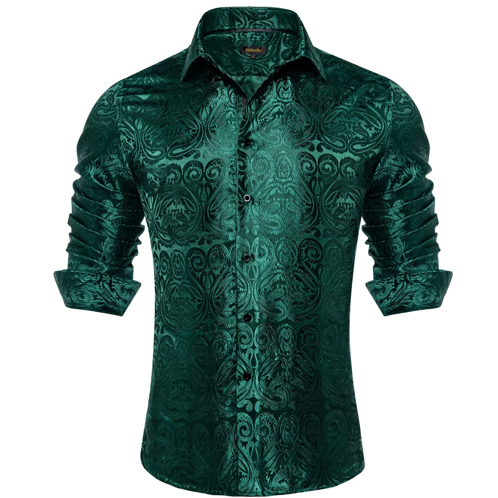DiBanGu Shirt for Men Deep Green Paisley Long Sleeve Silk Button Up Business Dress Shirt