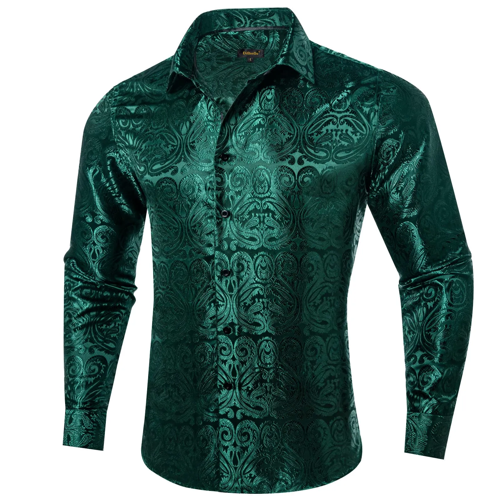DiBanGu Shirt for Men Deep Green Paisley Long Sleeve Silk Button Up Business Dress Shirt