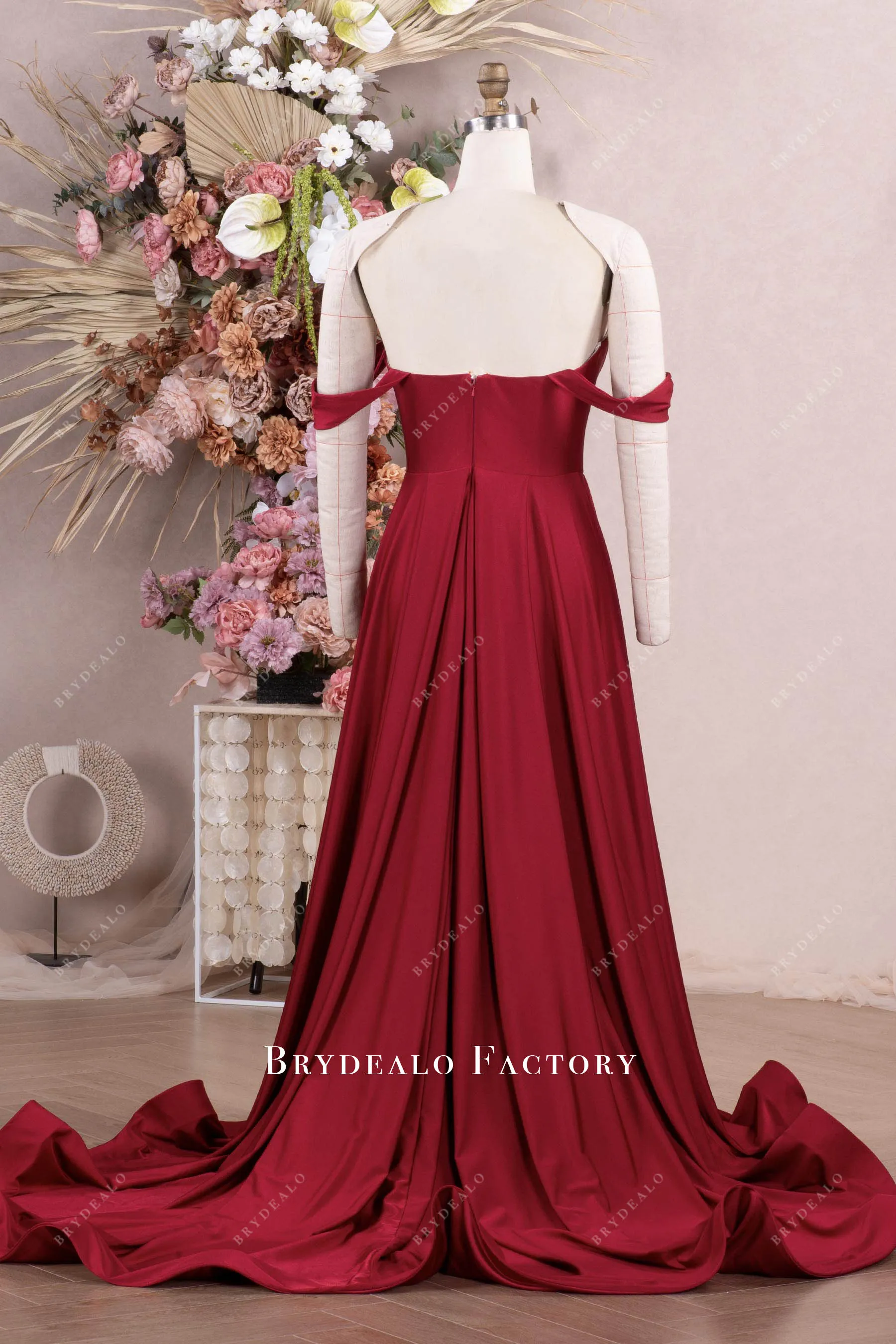 Elegant Burgundy Off Shoulder Slit Bridesmaid Dress