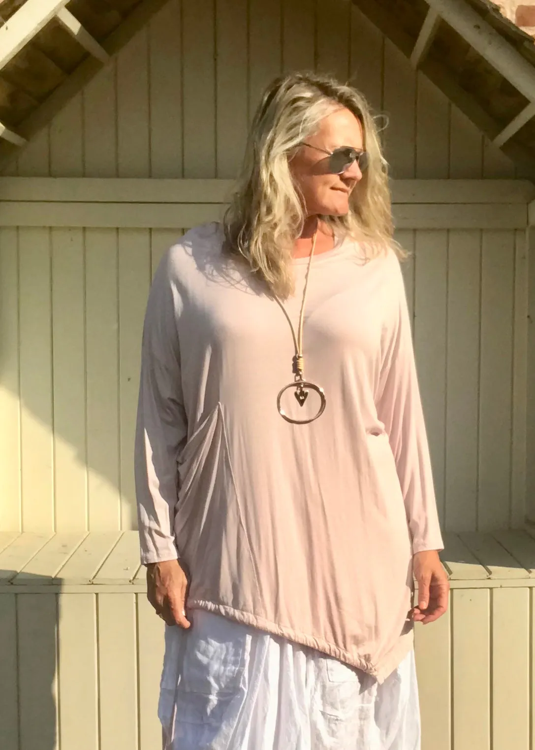 Jersey Asymmetric Round Neck Top in Pink Made In Italy By Feathers Of Italy