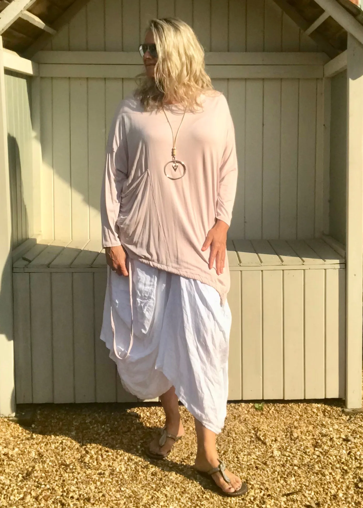 Jersey Asymmetric Round Neck Top in Pink Made In Italy By Feathers Of Italy