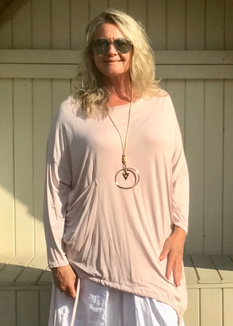 Jersey Asymmetric Round Neck Top in Pink Made In Italy By Feathers Of Italy