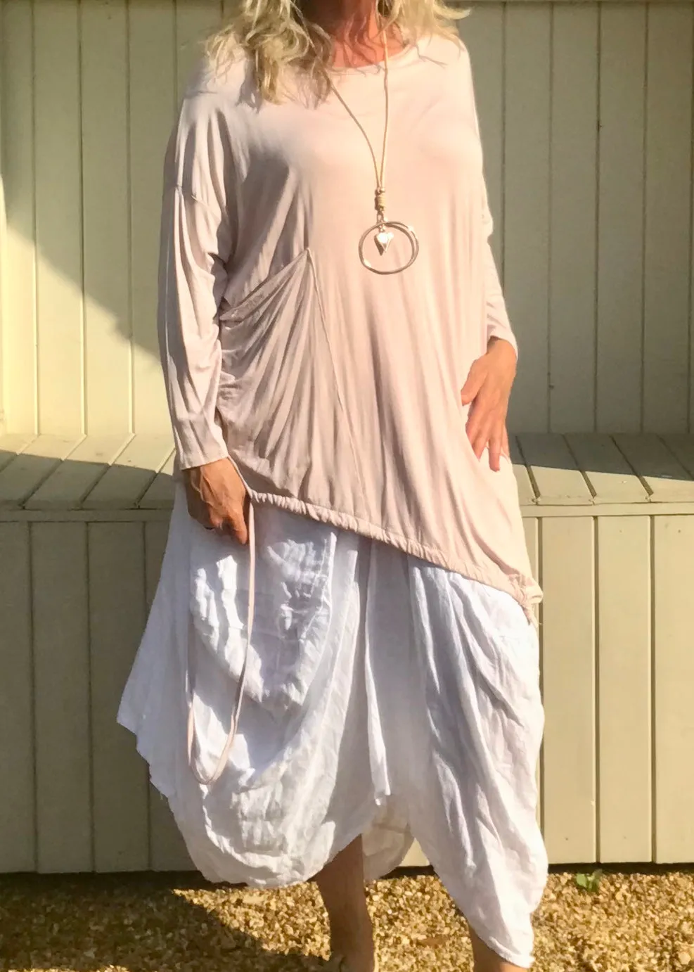 Jersey Asymmetric Round Neck Top in Pink Made In Italy By Feathers Of Italy