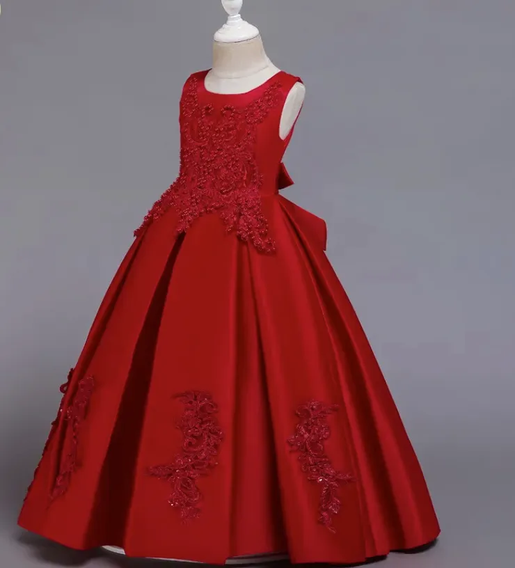 Long Satin Large Pleat Flower Girls Formal Gown