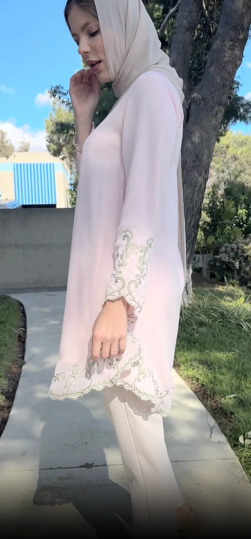 Meena Chiffon Formal Embroidered Long Modest Tunic - Blush
