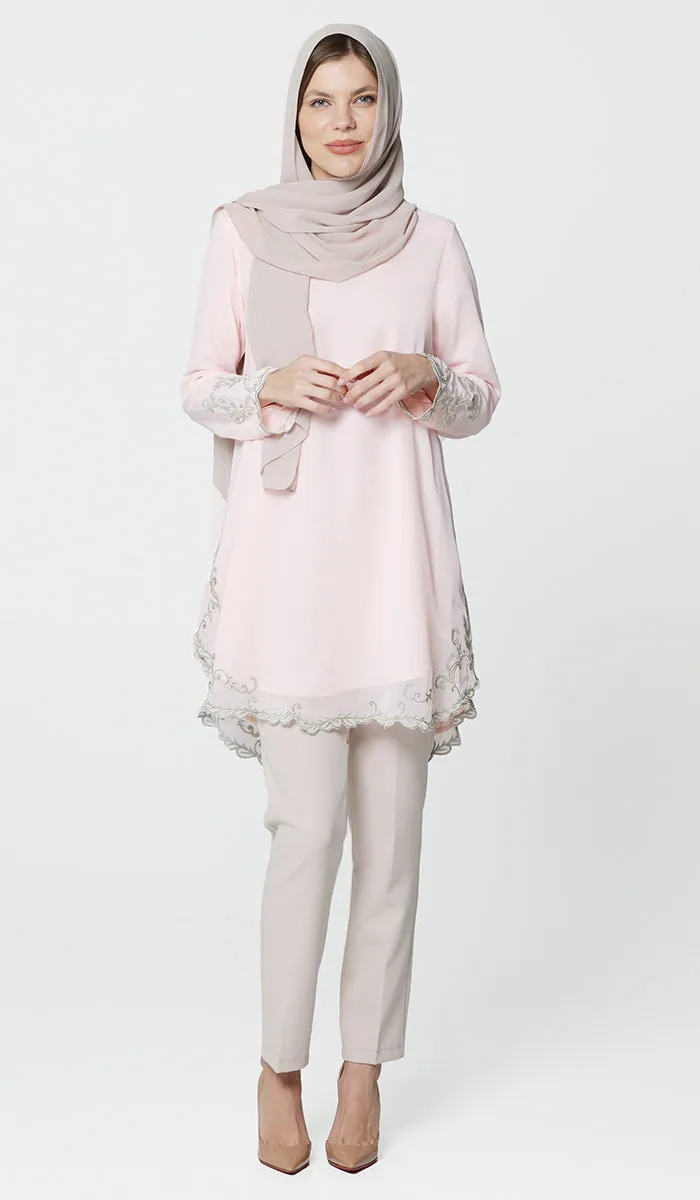 Meena Chiffon Formal Embroidered Long Modest Tunic - Blush