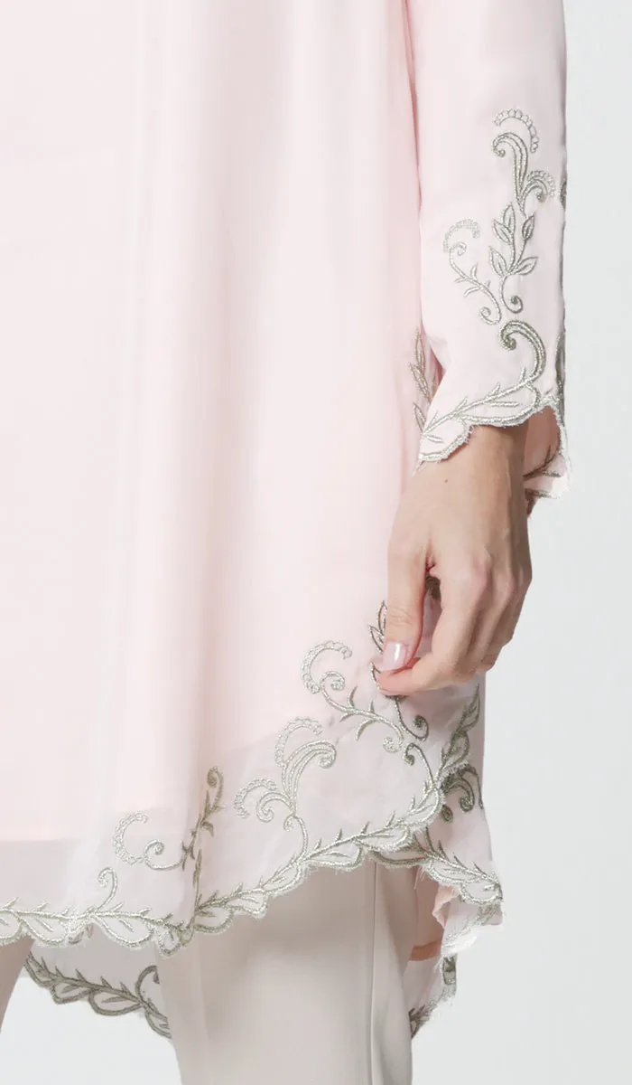 Meena Chiffon Formal Embroidered Long Modest Tunic - Blush