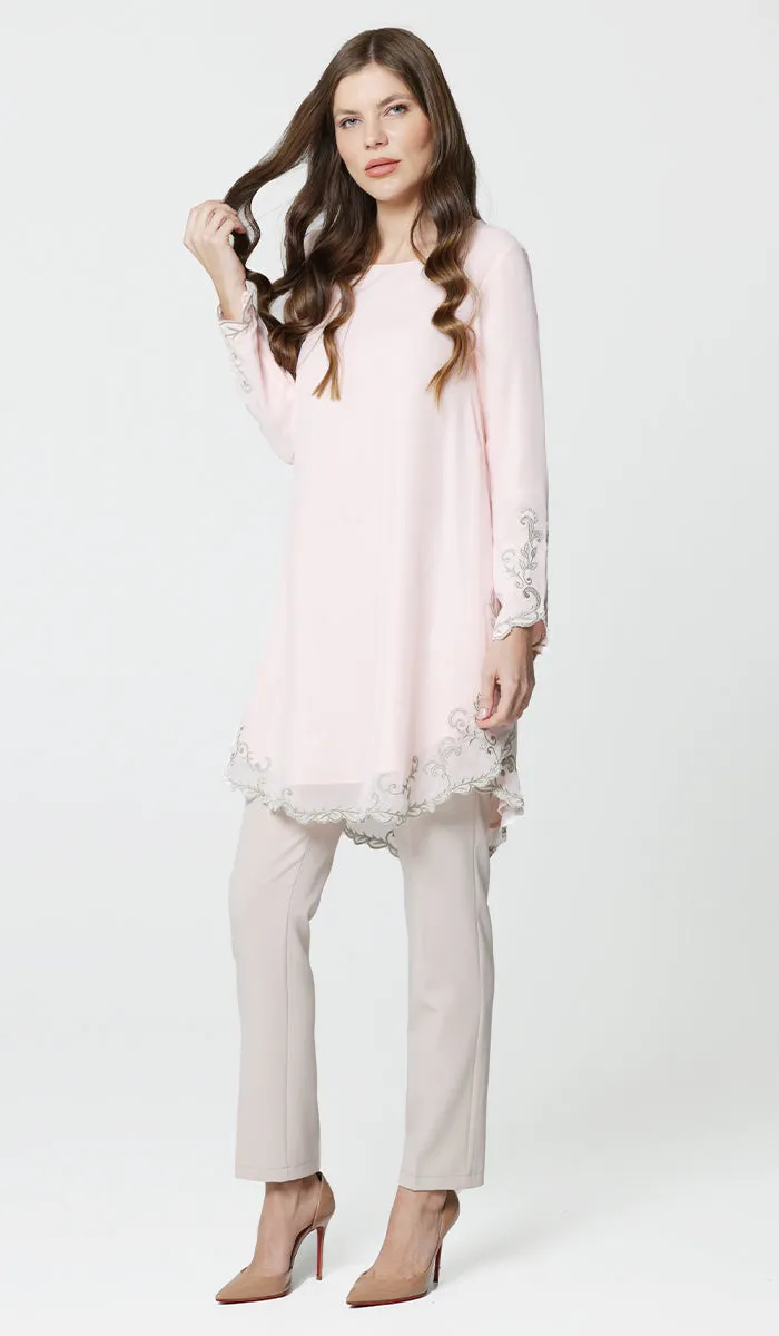 Meena Chiffon Formal Embroidered Long Modest Tunic - Blush