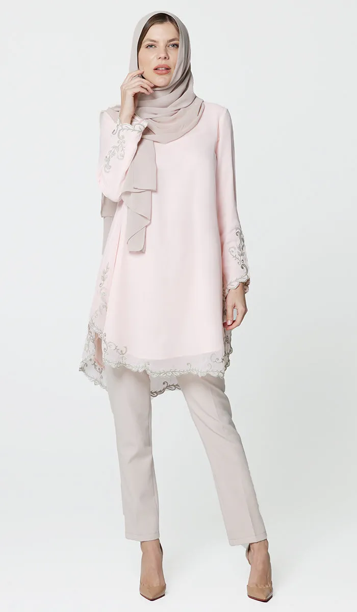 Meena Chiffon Formal Embroidered Long Modest Tunic - Blush