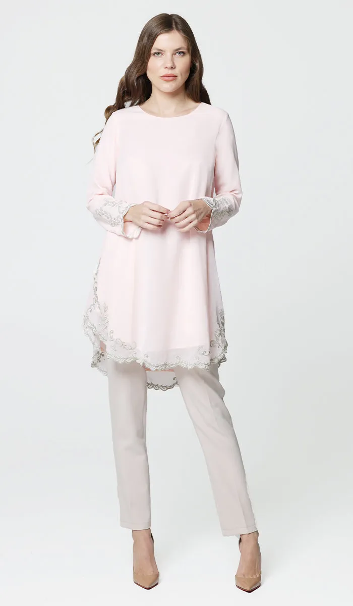 Meena Chiffon Formal Embroidered Long Modest Tunic - Blush