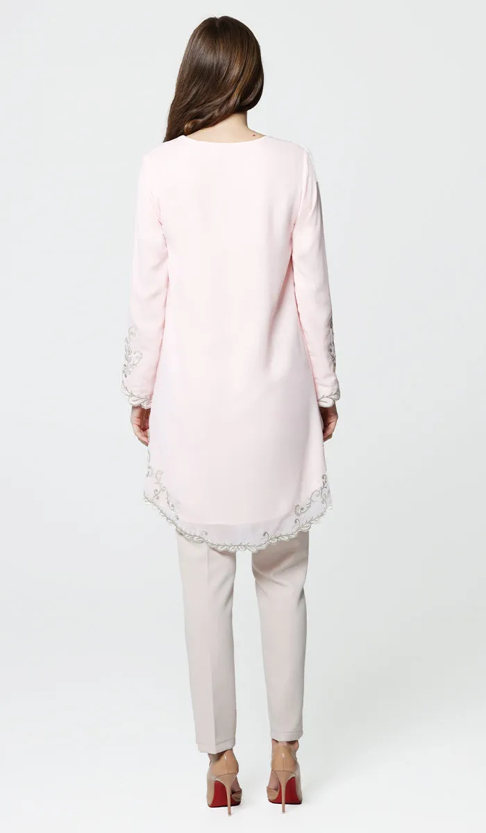 Meena Chiffon Formal Embroidered Long Modest Tunic - Blush