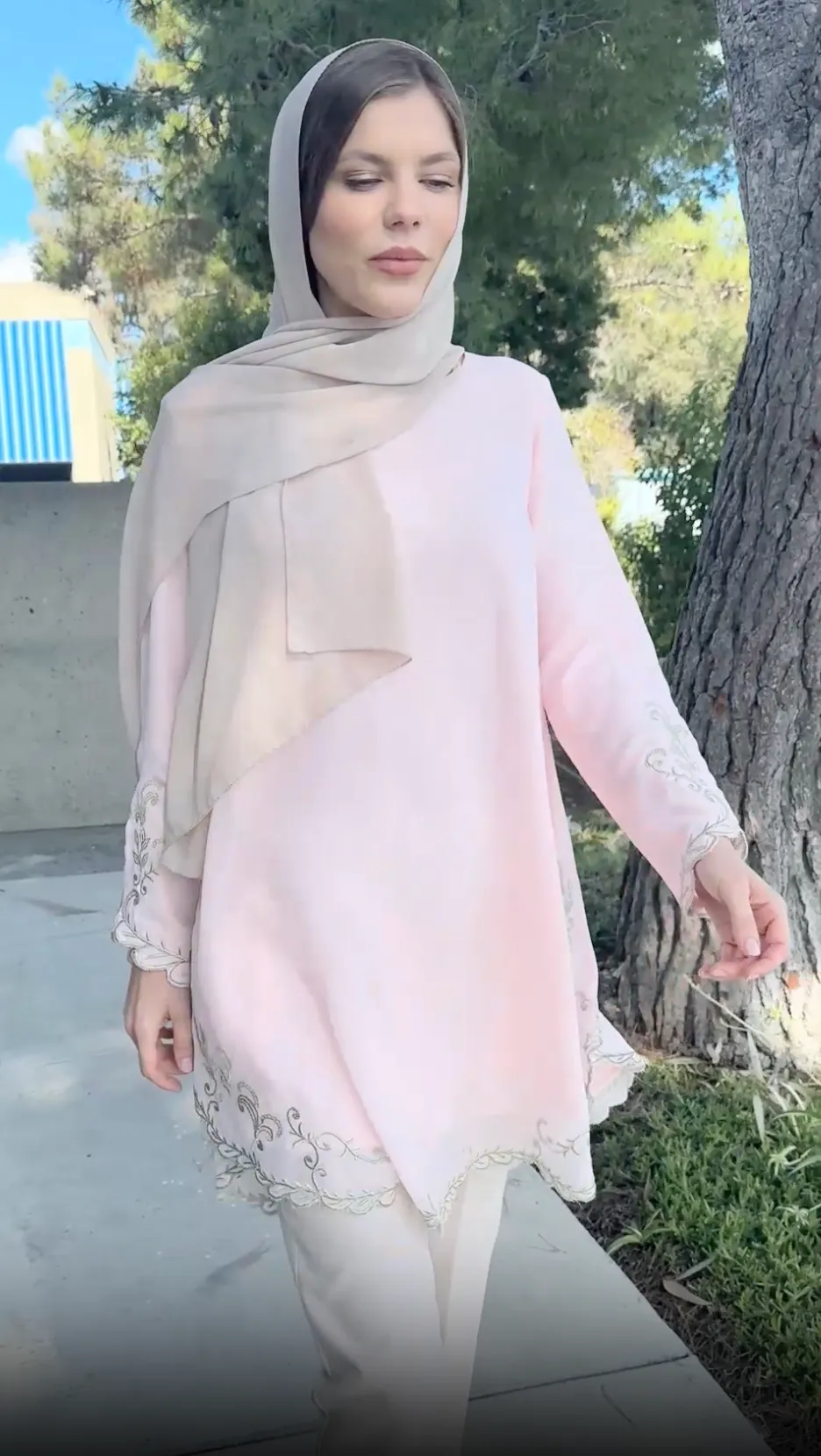 Meena Chiffon Formal Embroidered Long Modest Tunic - Blush