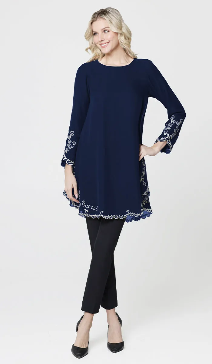 Meena Chiffon Formal Embroidered Long Modest Tunic - Navy Blue
