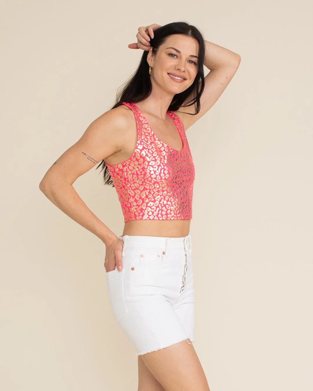Neon Pink Royal Leopard Foil Crop Tank Top | Women's