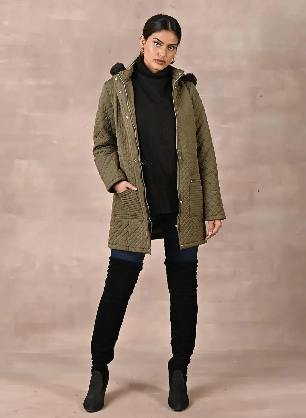 Olive Quilted Jacket with attached Hood (W)