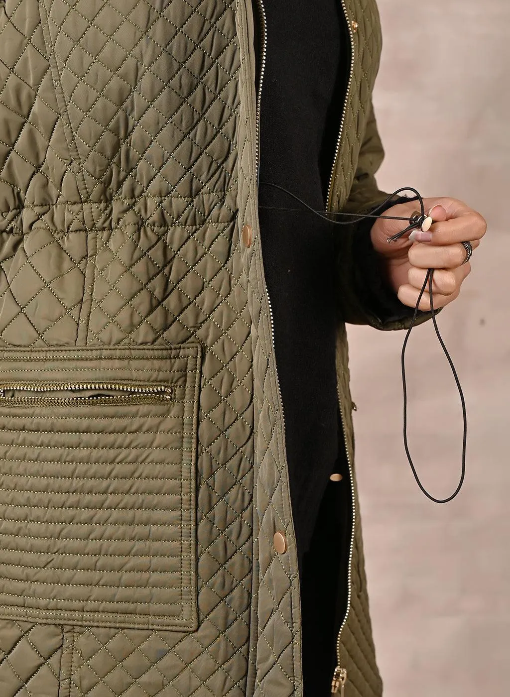 Olive Quilted Jacket with attached Hood (W)