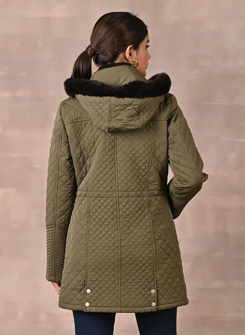 Olive Quilted Jacket with attached Hood (W)