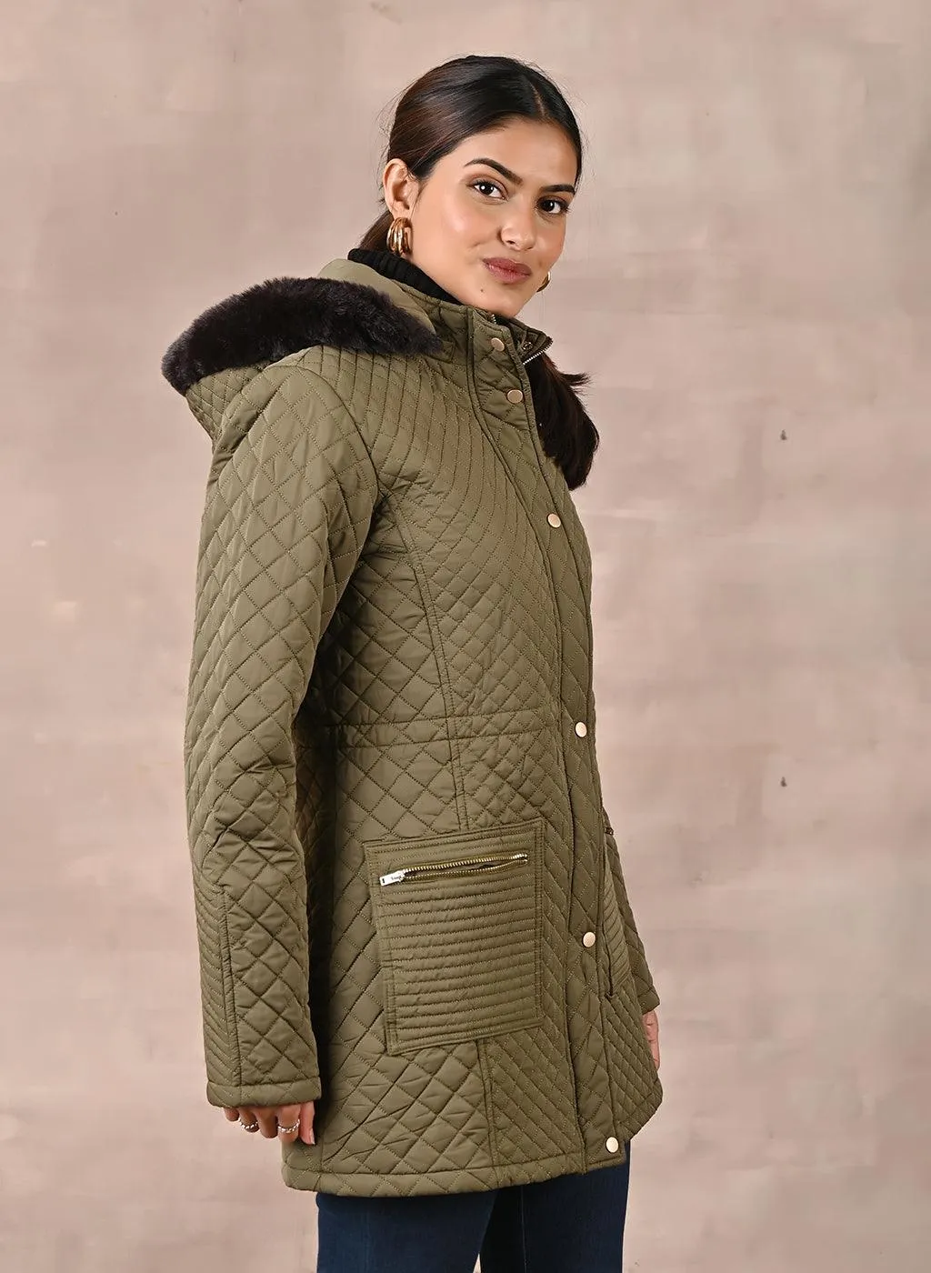 Olive Quilted Jacket with attached Hood (W)