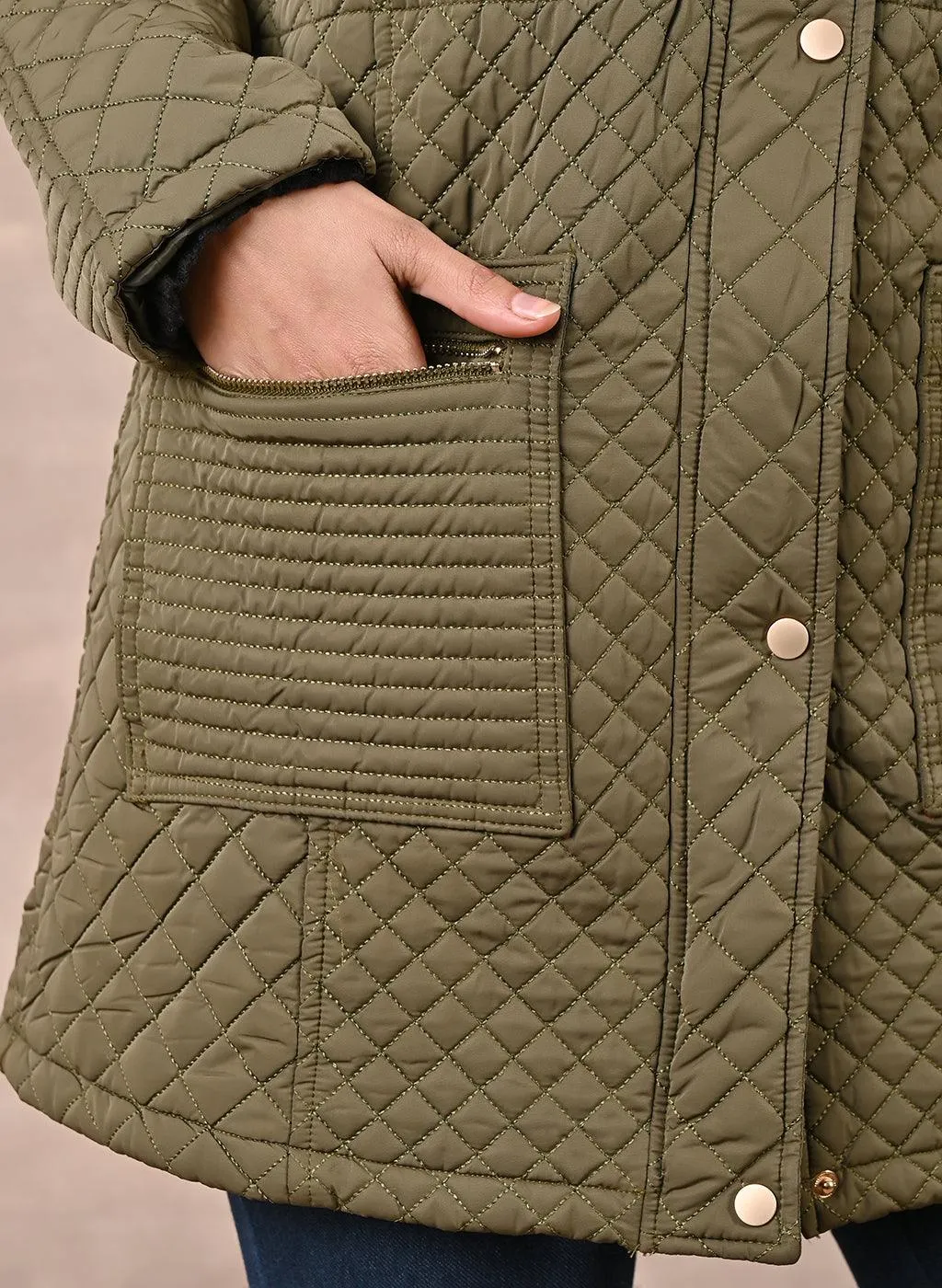 Olive Quilted Jacket with attached Hood (W)