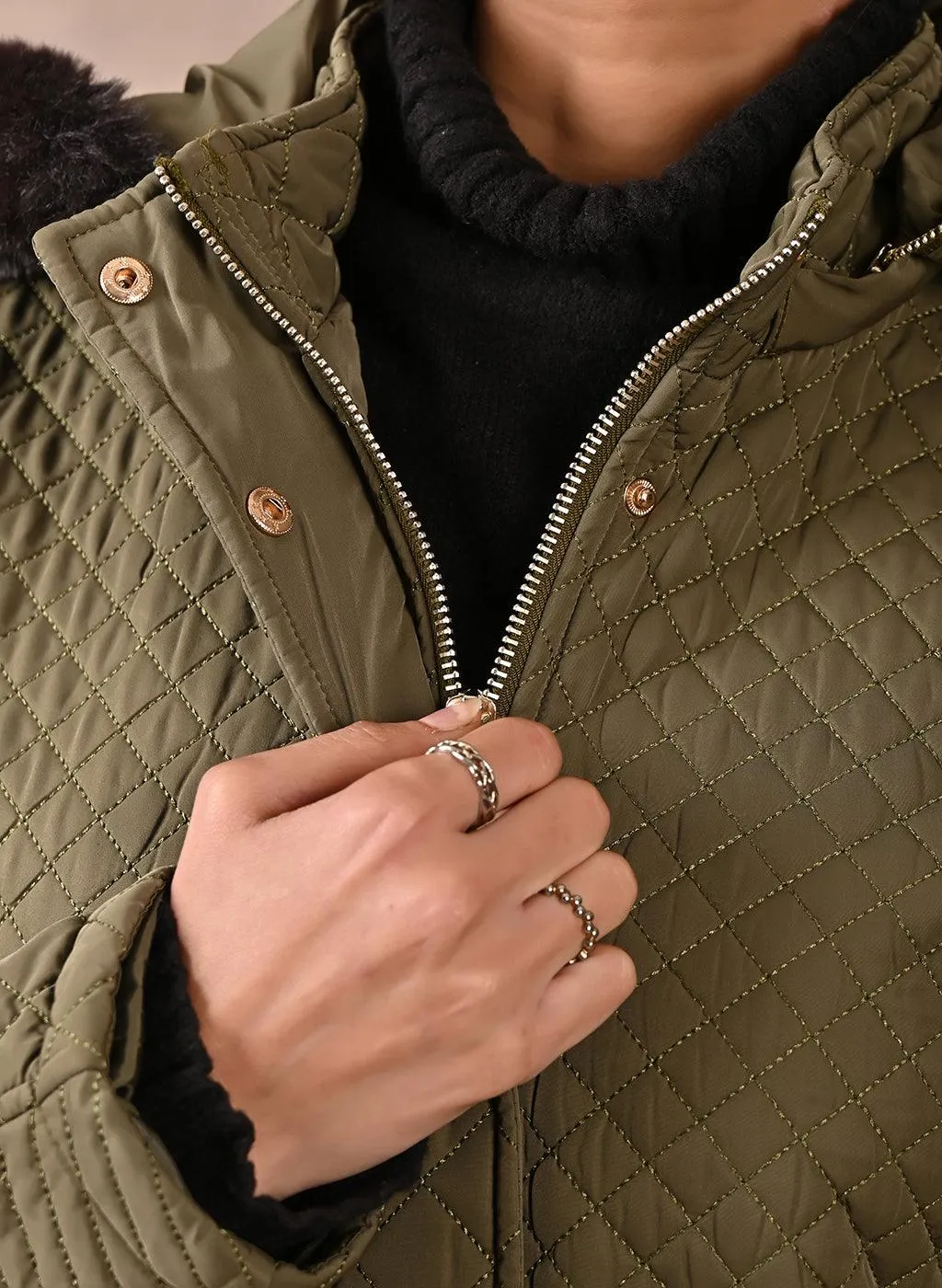 Olive Quilted Jacket with attached Hood (W)