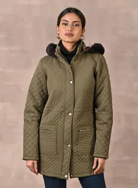 Olive Quilted Jacket with attached Hood (W)
