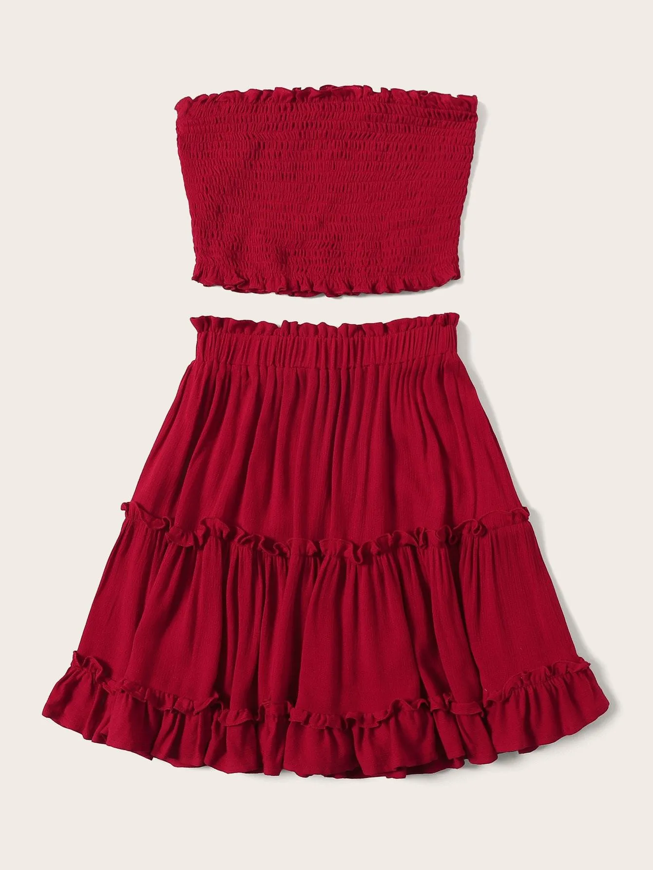 Plus Frill Shirred Tube Top & Layered Ruffle Hem Skirt Set