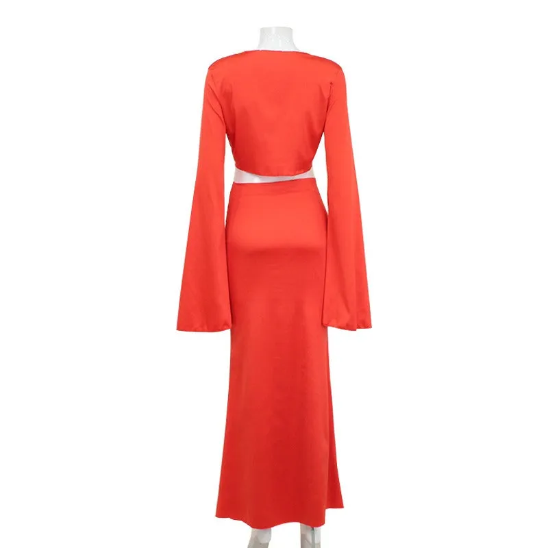 Pre Order:  Lace Up Long Sleeved  V-neck Top    Low Waisted Maxi Skirt