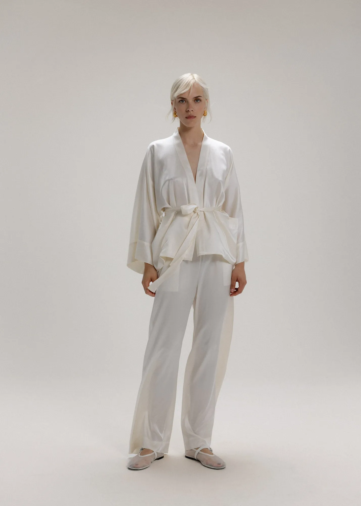 Silk Kimono Jacket Set in Milk White