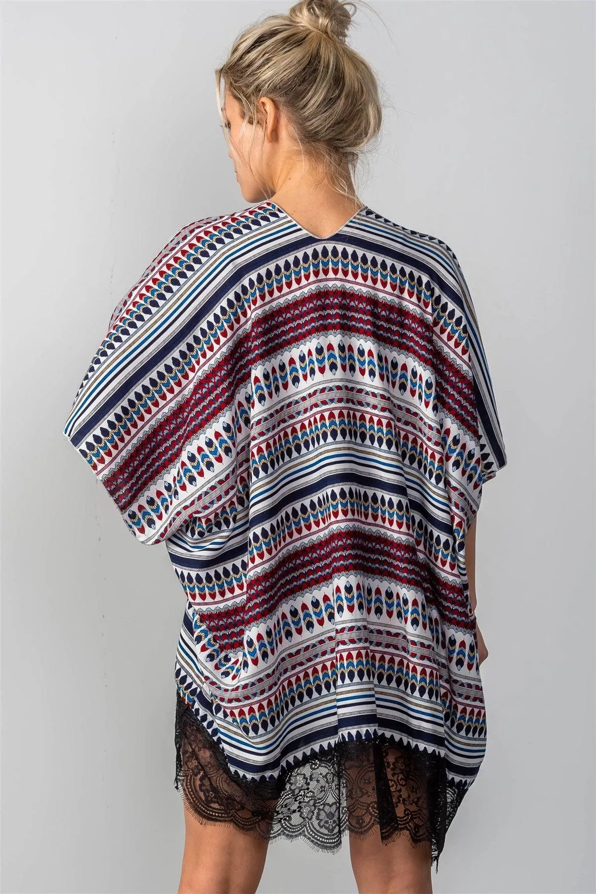 Stripe Contrast Lace Hem Cover-Up Kimono /ONE SIZE