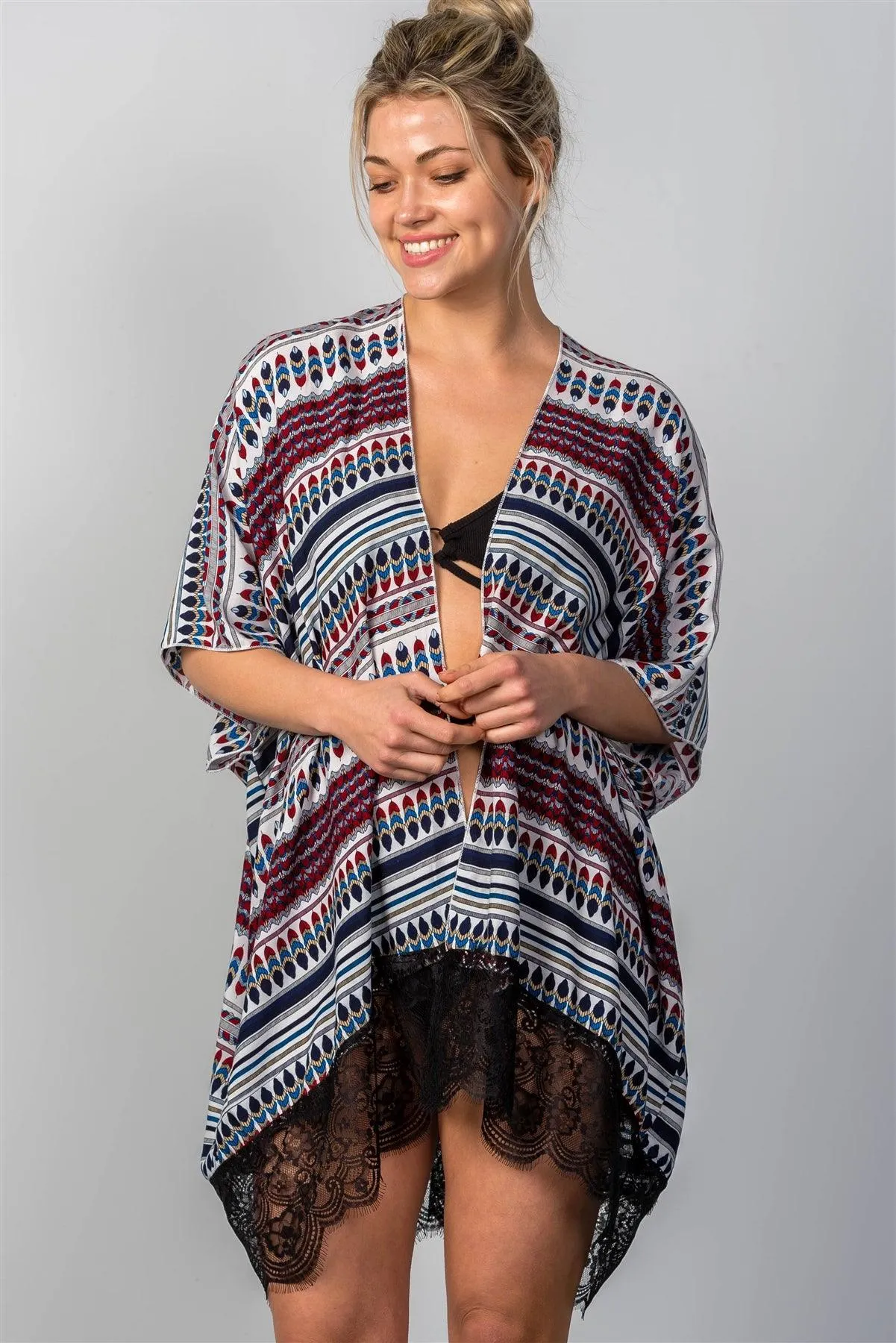 Stripe Contrast Lace Hem Cover-Up Kimono /ONE SIZE