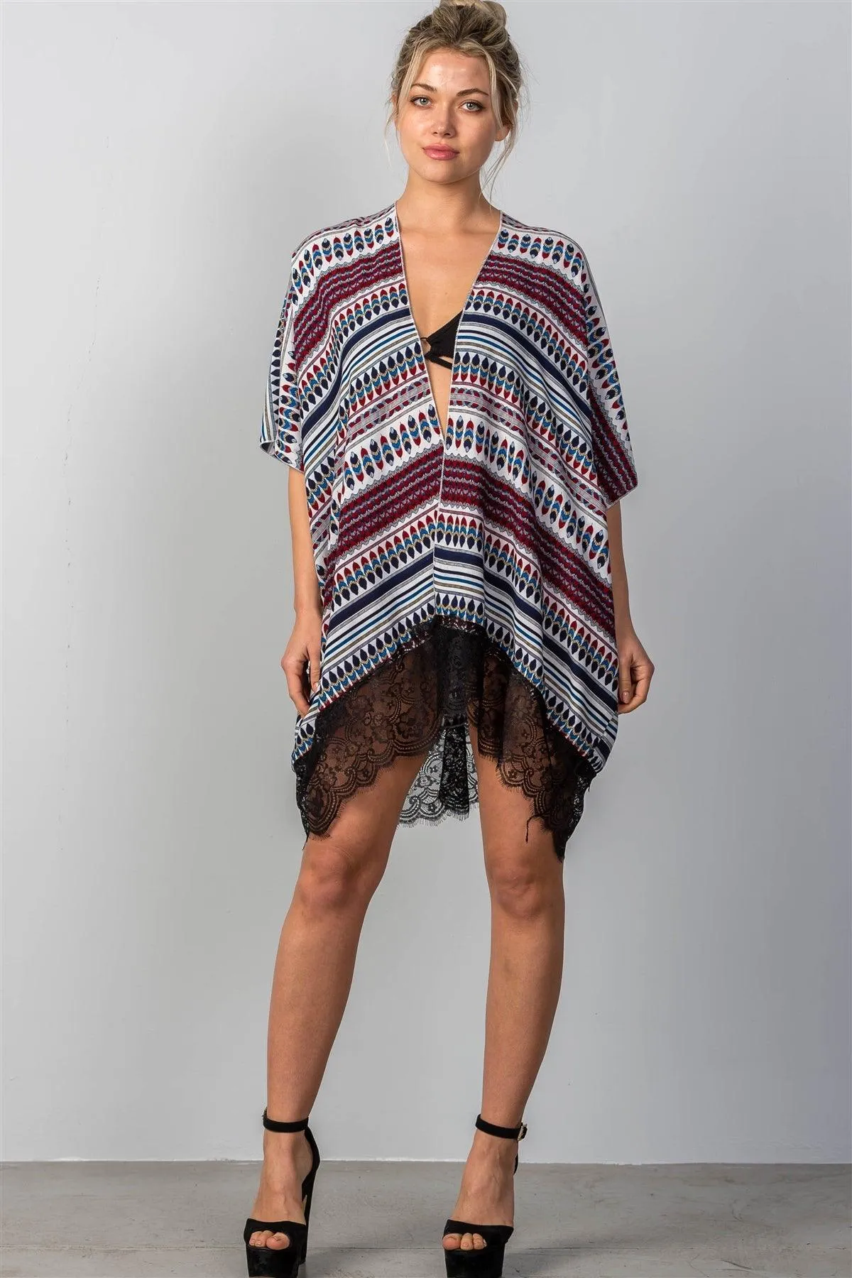 Stripe Contrast Lace Hem Cover-Up Kimono /ONE SIZE