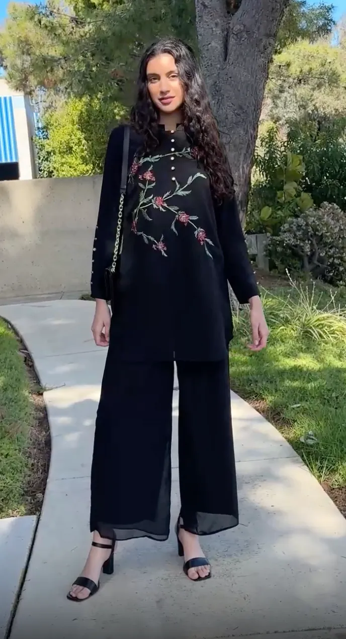 Uzma Chiffon Embroidered Long Modest Tunic - Black