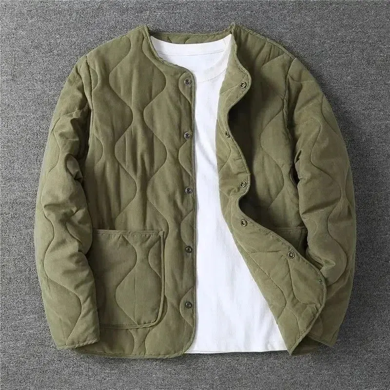 Wjczt Men  Winter Outfits Autumn Winter O-neck Quilted Jacket Men's Versatile  Green  Retro Thickened Coat Men Techwear Button Up Oversize Jacket
