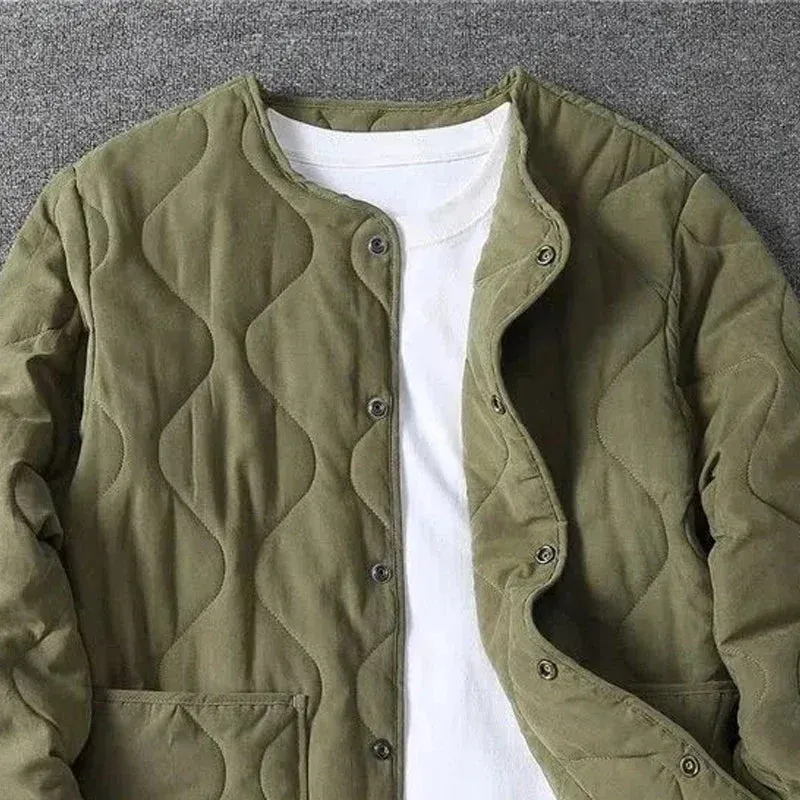 Wjczt Men  Winter Outfits Autumn Winter O-neck Quilted Jacket Men's Versatile  Green  Retro Thickened Coat Men Techwear Button Up Oversize Jacket