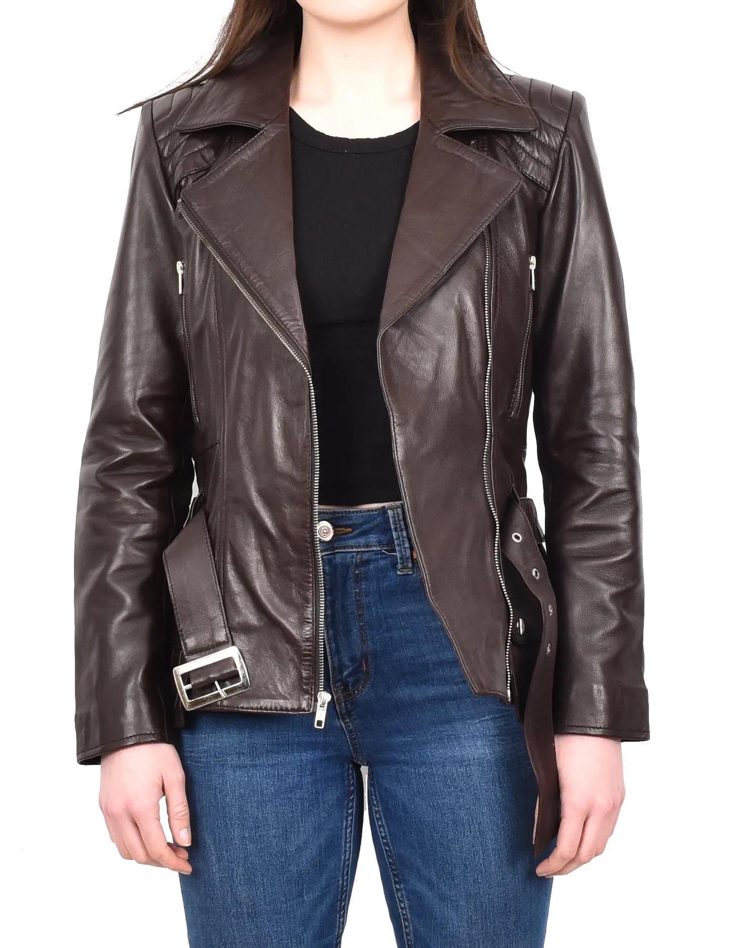 Women’s Slim Fit Cut Hip Length Biker Leather Jacket Brown Conkara