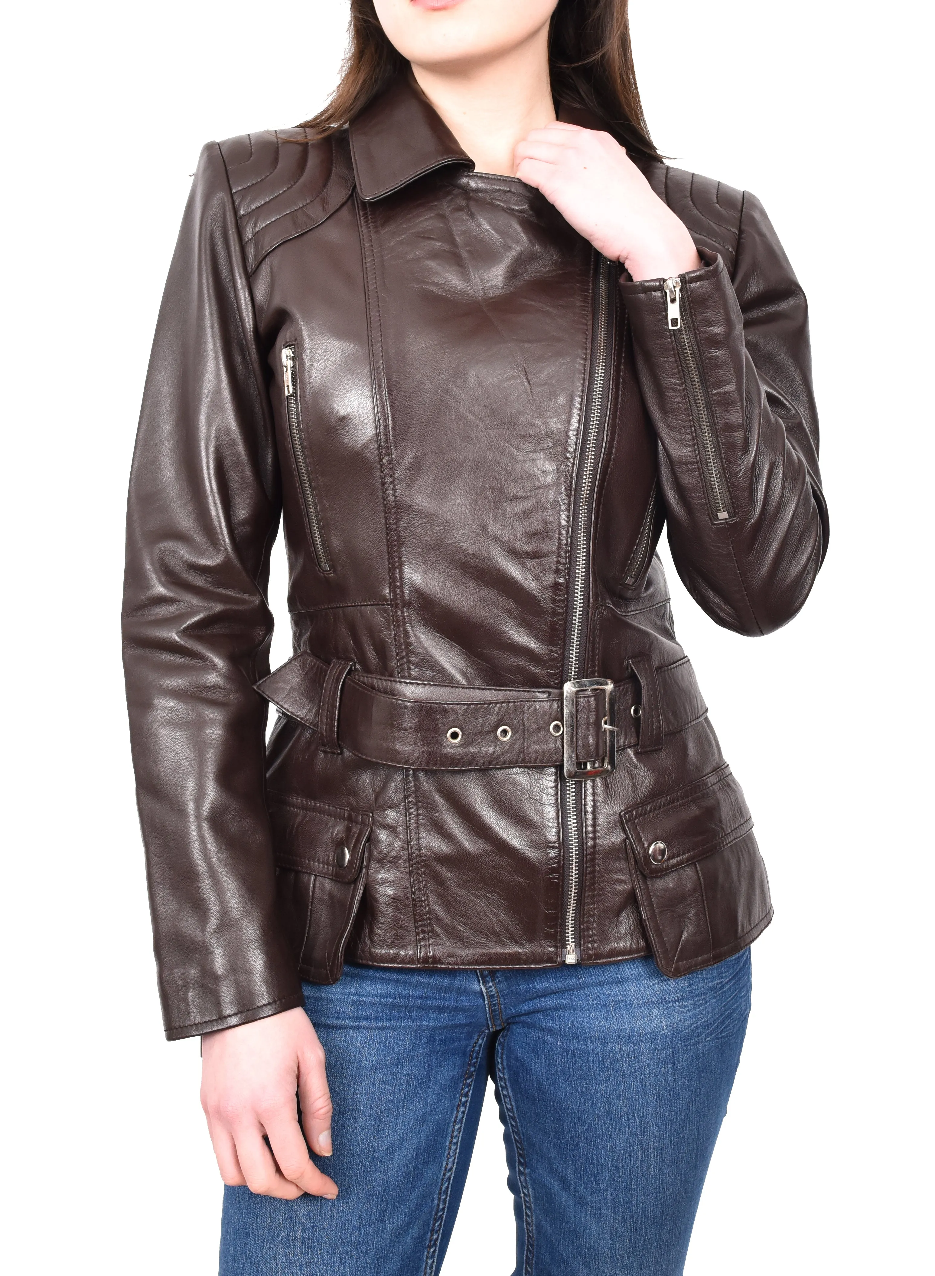 Women’s Slim Fit Cut Hip Length Biker Leather Jacket Brown Conkara